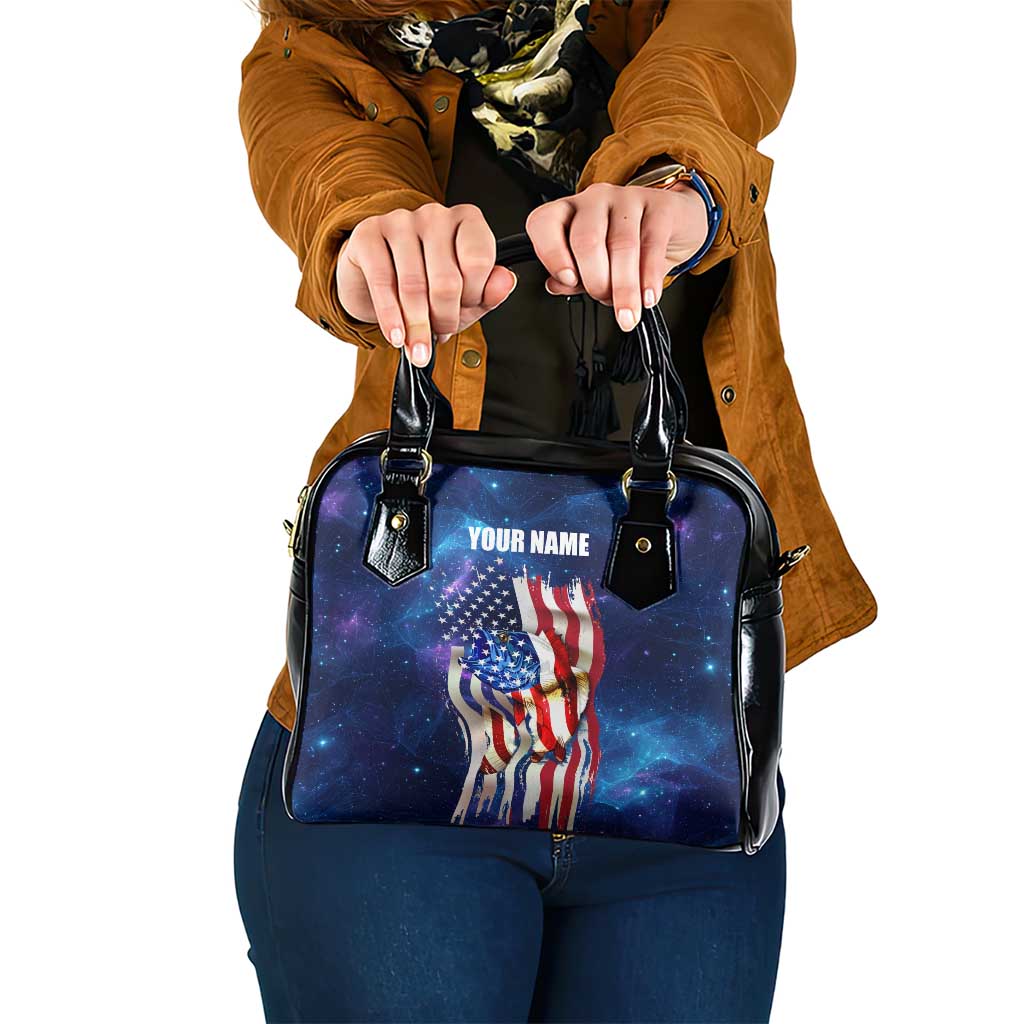 Bass Fishing Shoulder Handbag American Flag Patriotic and Cosmic Galaxy in Blue Red TS04