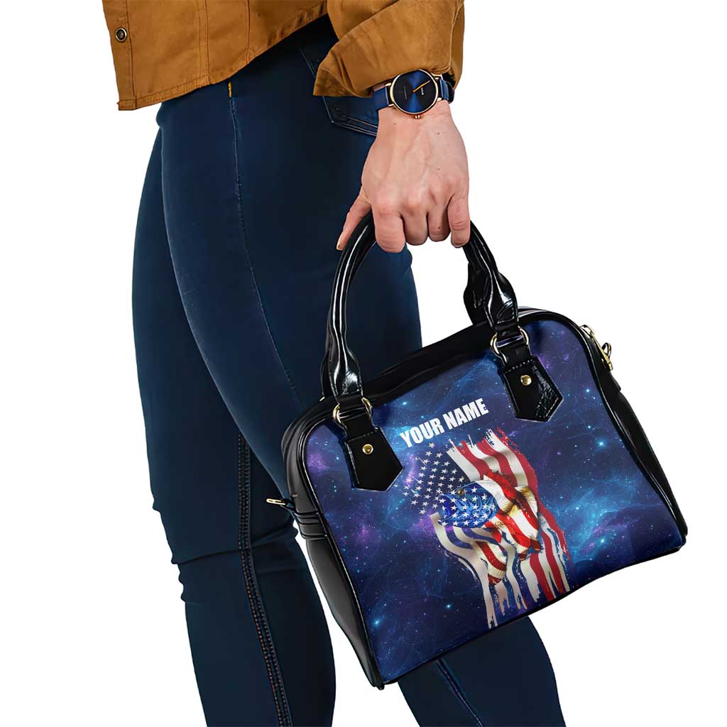 Bass Fishing Shoulder Handbag American Flag Patriotic and Cosmic Galaxy in Blue Red TS04