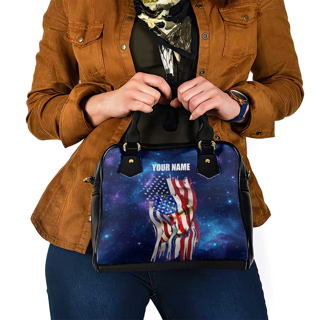 Bass Fishing Shoulder Handbag American Flag Patriotic and Cosmic Galaxy in Blue Red TS04
