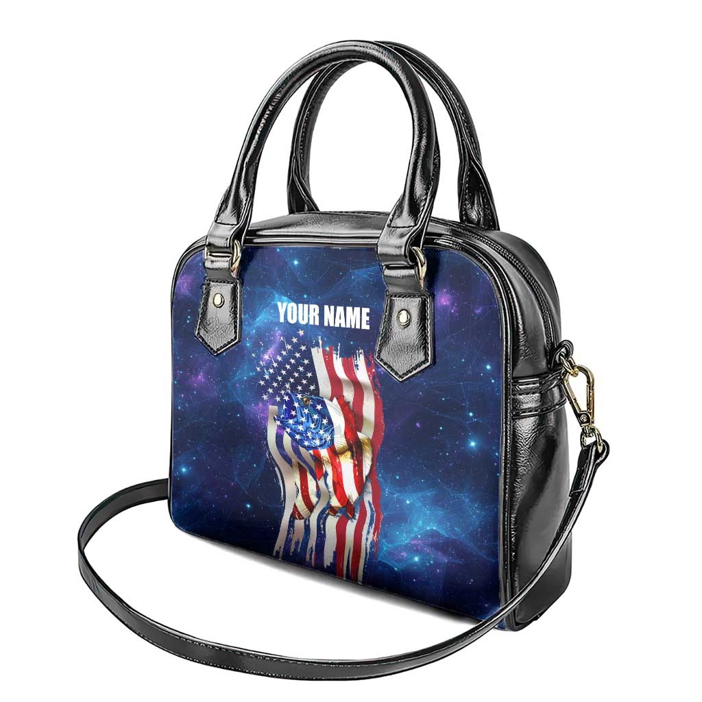 Bass Fishing Shoulder Handbag American Flag Patriotic and Cosmic Galaxy in Blue Red TS04