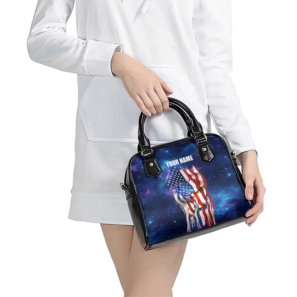Bass Fishing Shoulder Handbag American Flag Patriotic and Cosmic Galaxy in Blue Red TS04