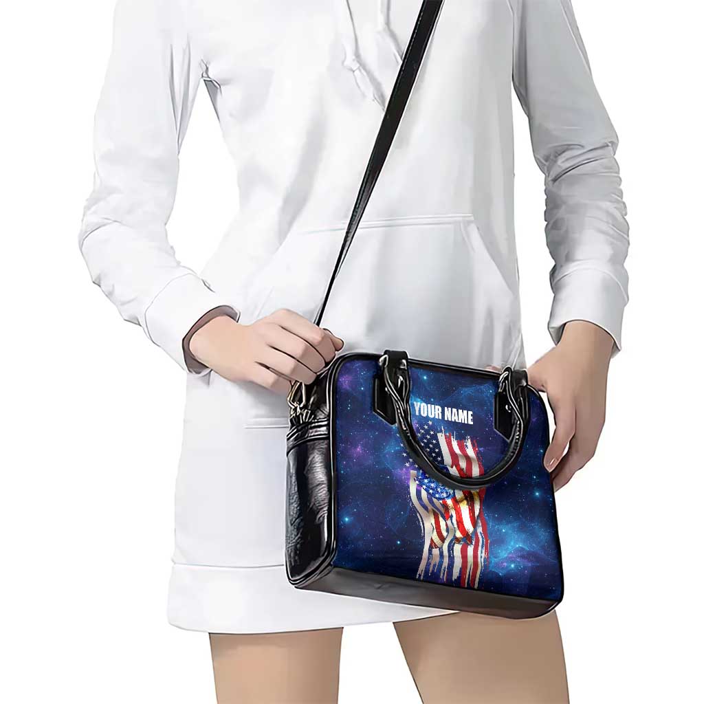 Bass Fishing Shoulder Handbag American Flag Patriotic and Cosmic Galaxy in Blue Red TS04