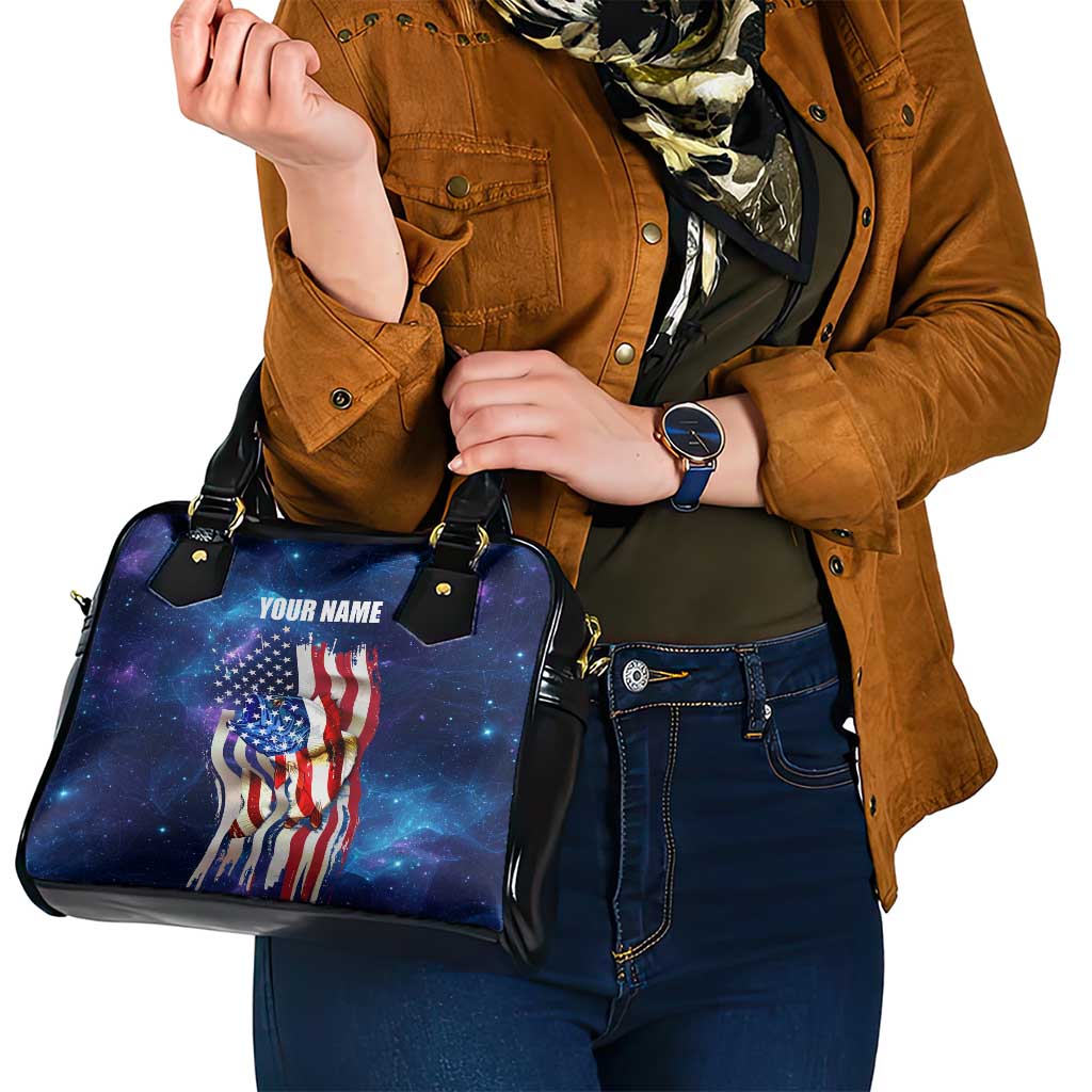 Bass Fishing Shoulder Handbag American Flag Patriotic and Cosmic Galaxy in Blue Red TS04