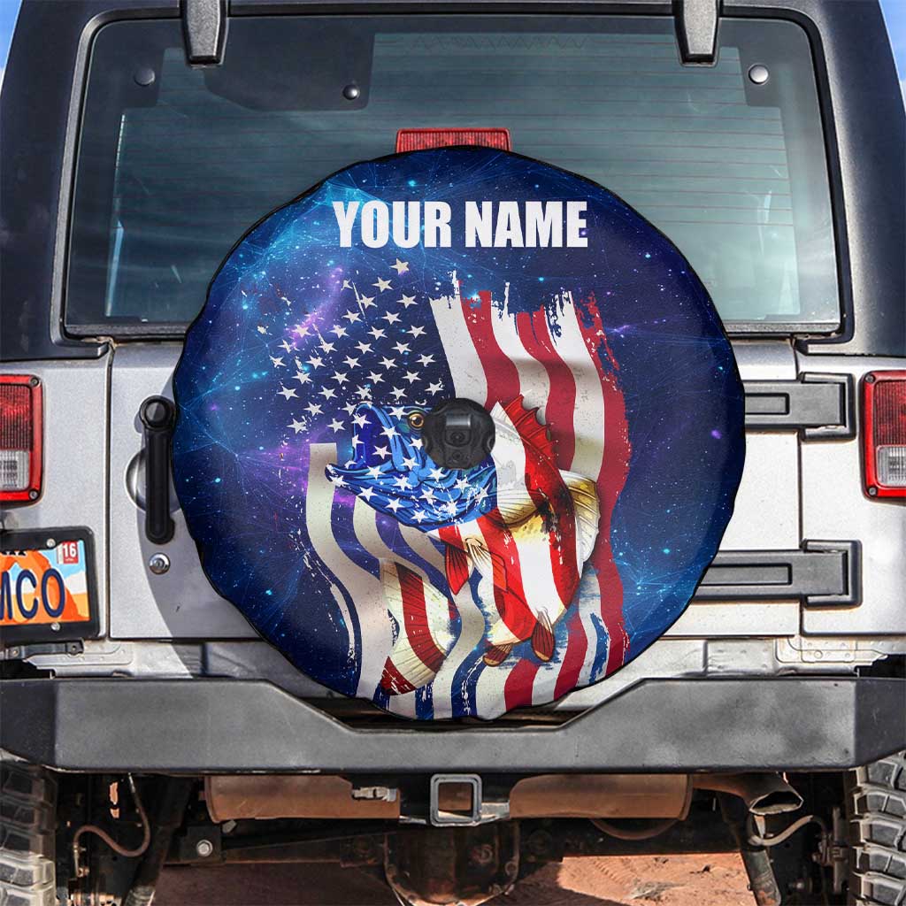 Bass Fishing Spare Tire Cover American Flag Patriotic and Cosmic Galaxy in Blue Red TS04