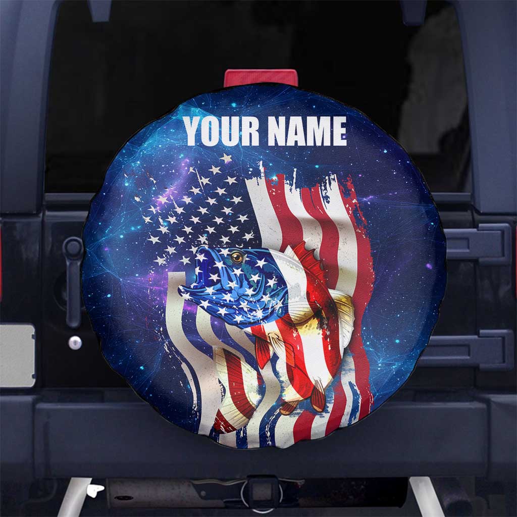 Bass Fishing Spare Tire Cover American Flag Patriotic and Cosmic Galaxy in Blue Red TS04