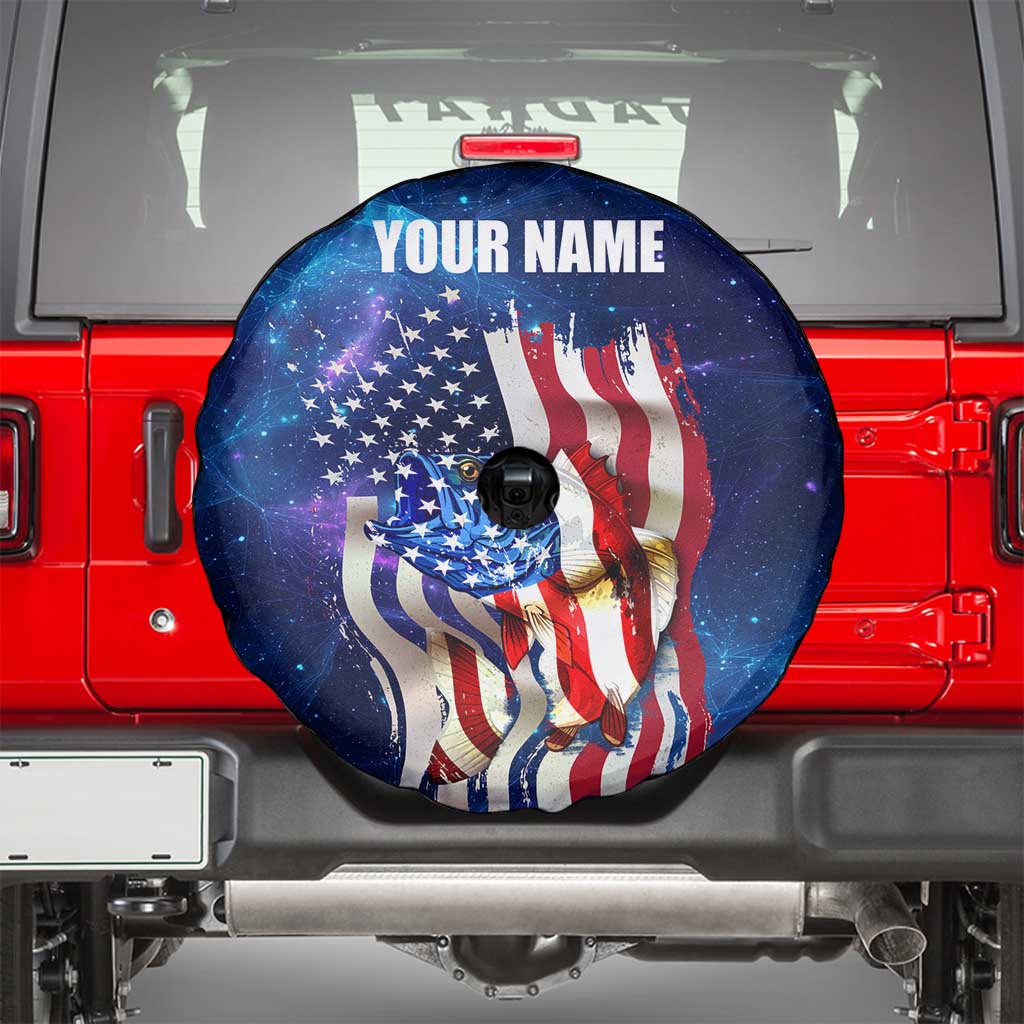Bass Fishing Spare Tire Cover American Flag Patriotic and Cosmic Galaxy in Blue Red TS04