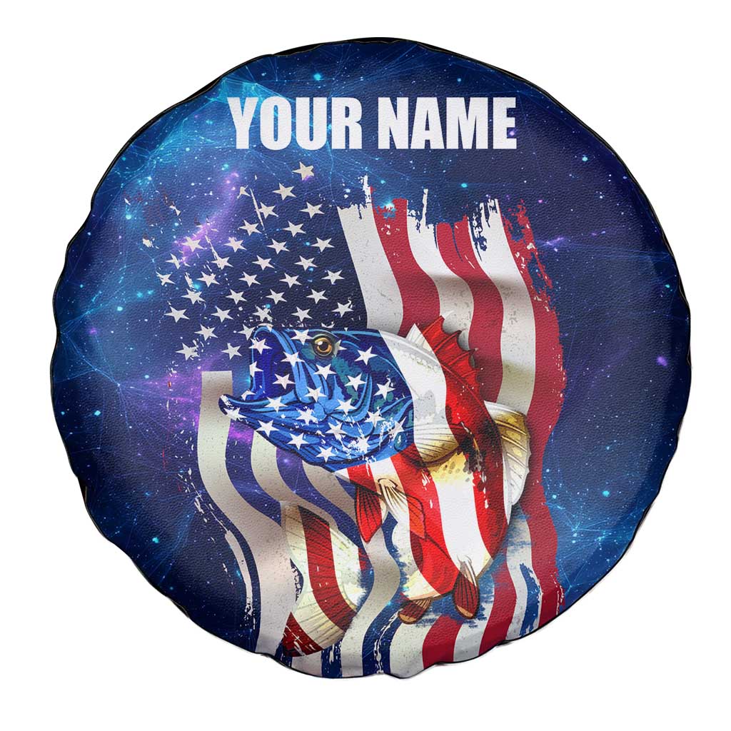 Bass Fishing Spare Tire Cover American Flag Patriotic and Cosmic Galaxy in Blue Red TS04