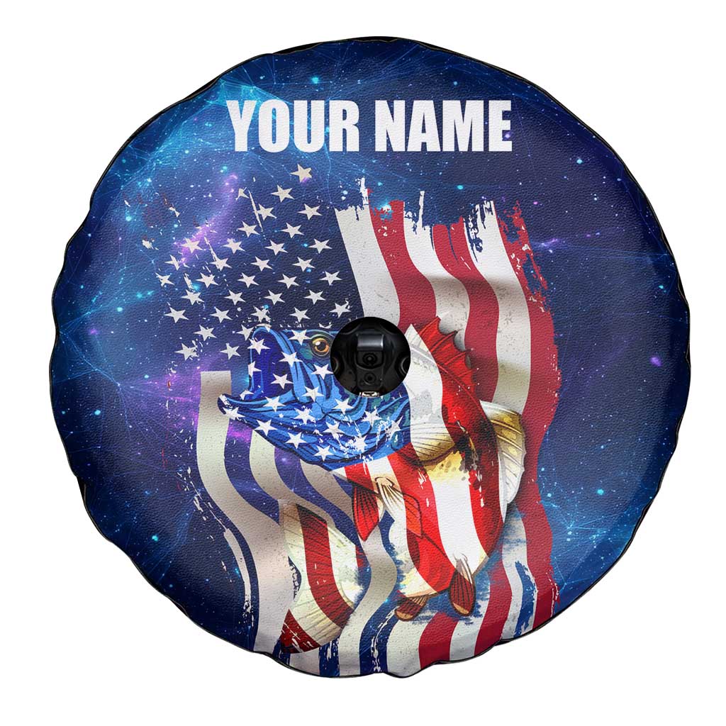 Bass Fishing Spare Tire Cover American Flag Patriotic and Cosmic Galaxy in Blue Red TS04