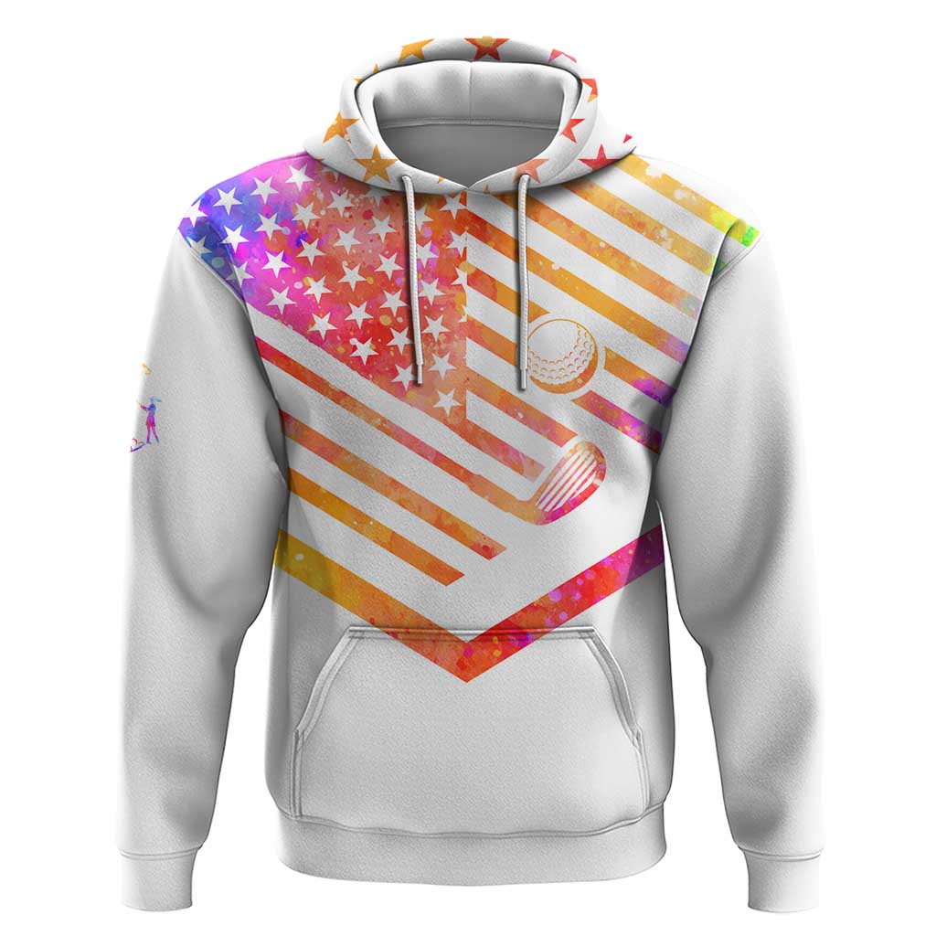 USA Golf Design Hoodie Watercolor Female Silhouette and Orange Gradient Flag and Ball Pattern TS04