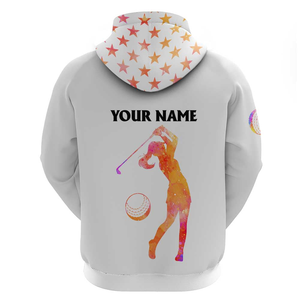 USA Golf Design Hoodie Watercolor Female Silhouette and Orange Gradient Flag and Ball Pattern TS04