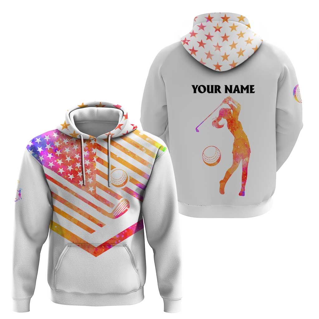 USA Golf Design Hoodie Watercolor Female Silhouette and Orange Gradient Flag and Ball Pattern TS04