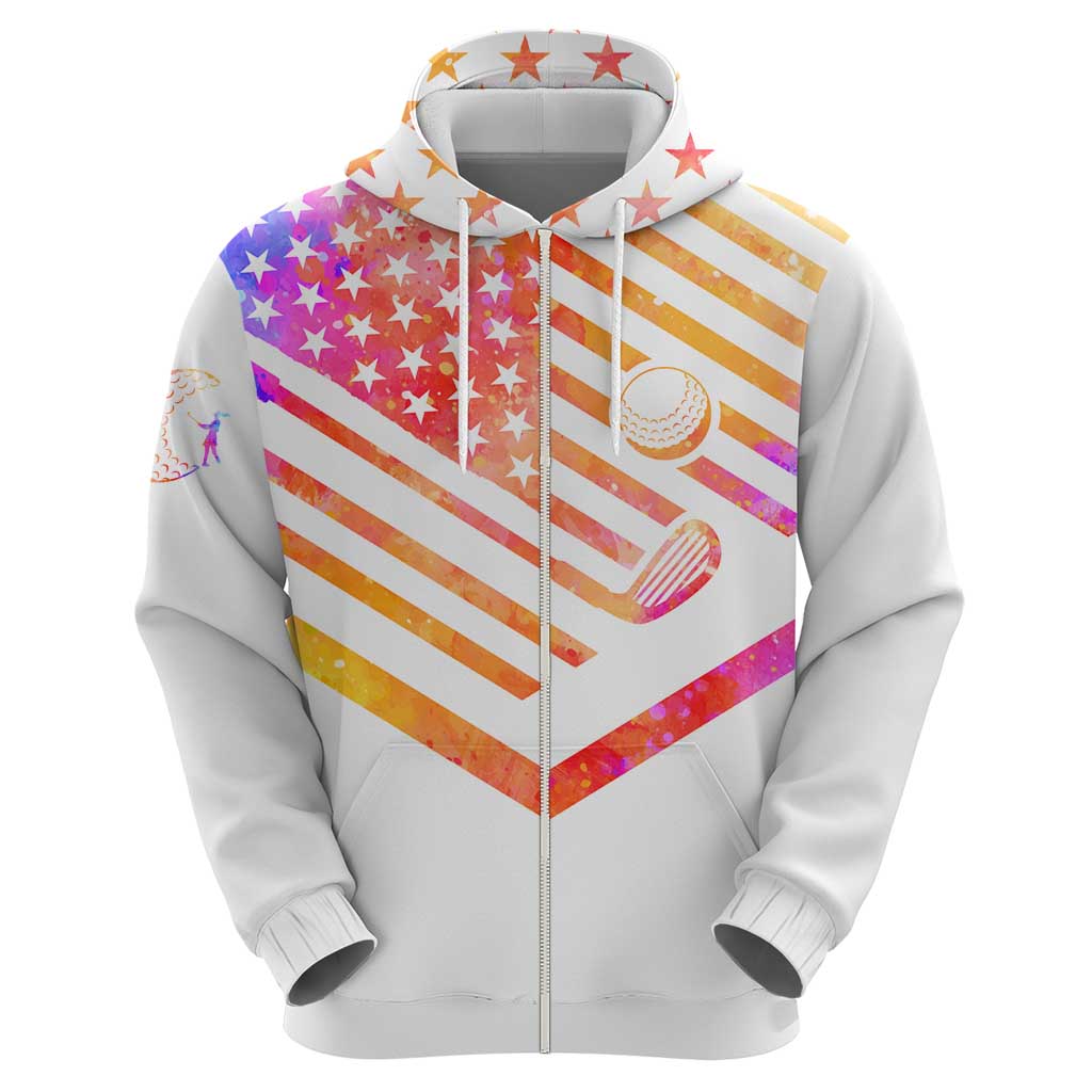 USA Golf Design Hoodie Watercolor Female Silhouette and Orange Gradient Flag and Ball Pattern TS04