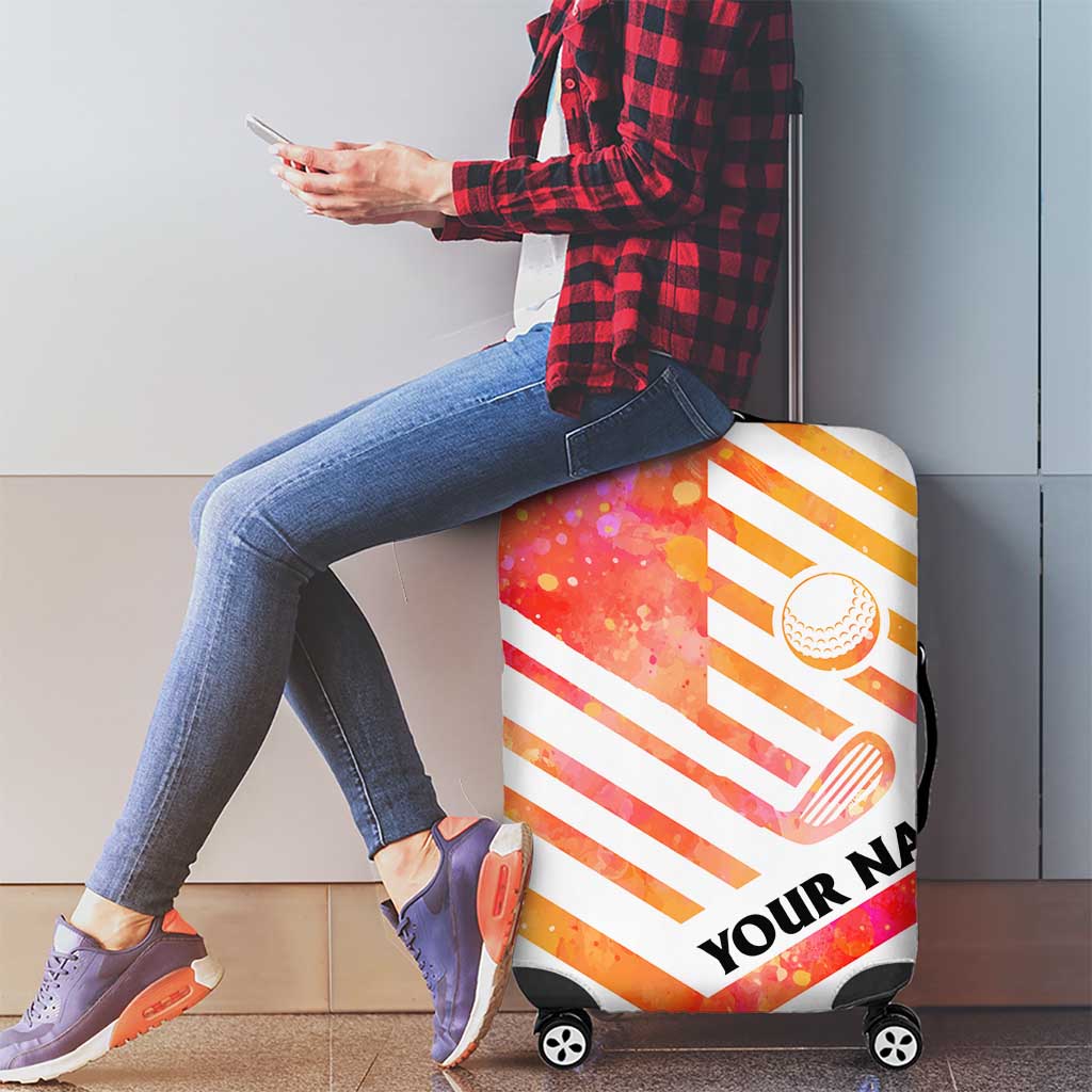 USA Golf Design Luggage Cover Watercolor Female Silhouette and Orange Gradient Flag and Ball Pattern TS04