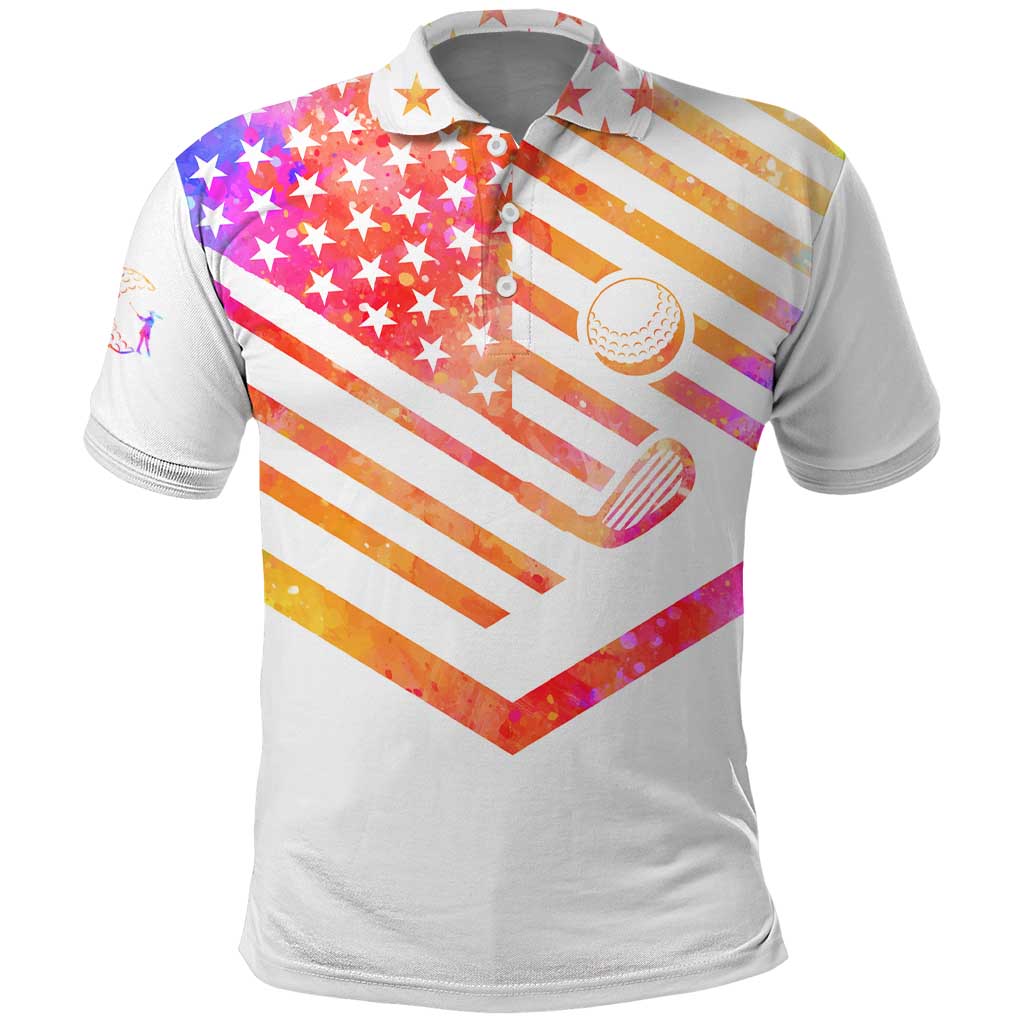 USA Golf Design Polo Shirt Watercolor Female Silhouette and Orange Gradient Flag and Ball Pattern TS04