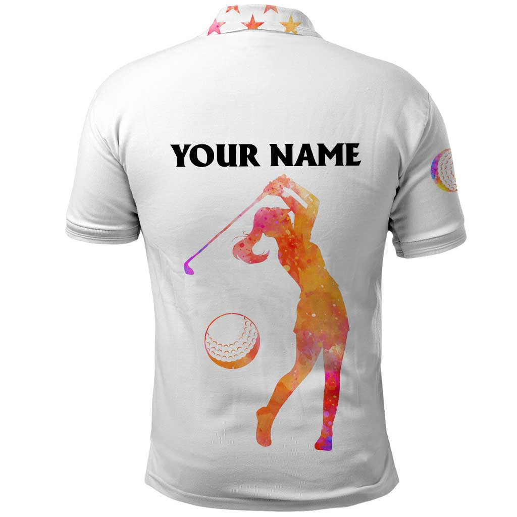 USA Golf Design Polo Shirt Watercolor Female Silhouette and Orange Gradient Flag and Ball Pattern TS04