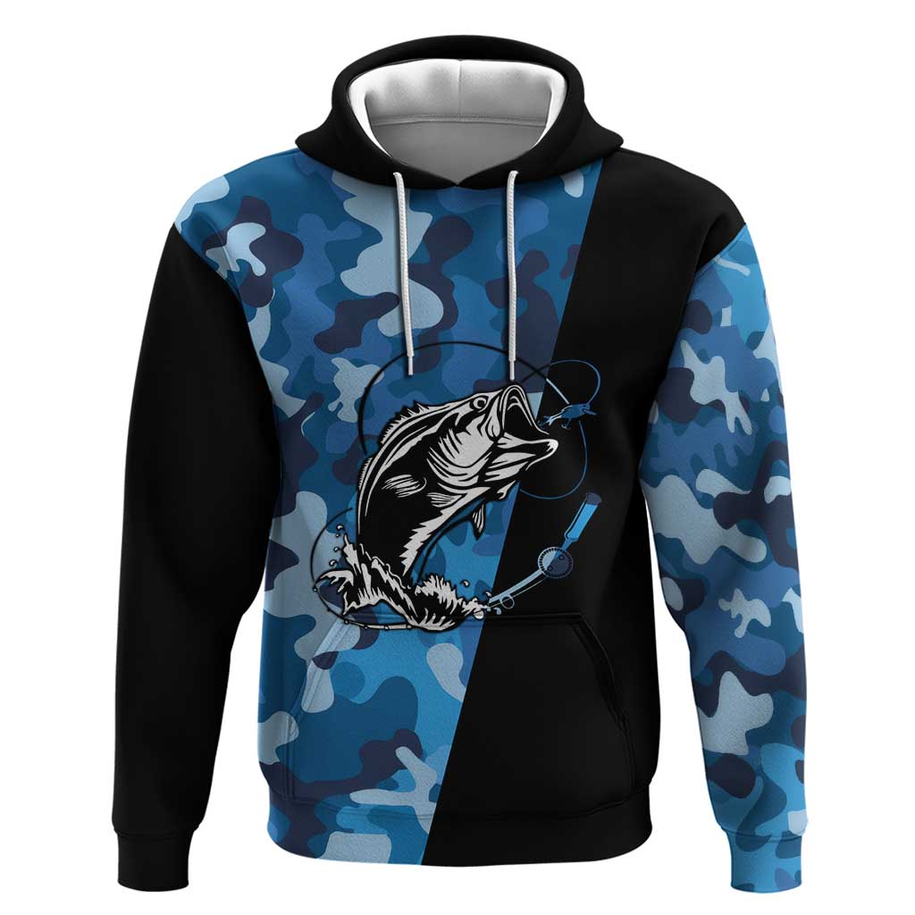 Custom Blue Camo Bass Fishing Hoodie Fishing Rod Graphic Design TS04