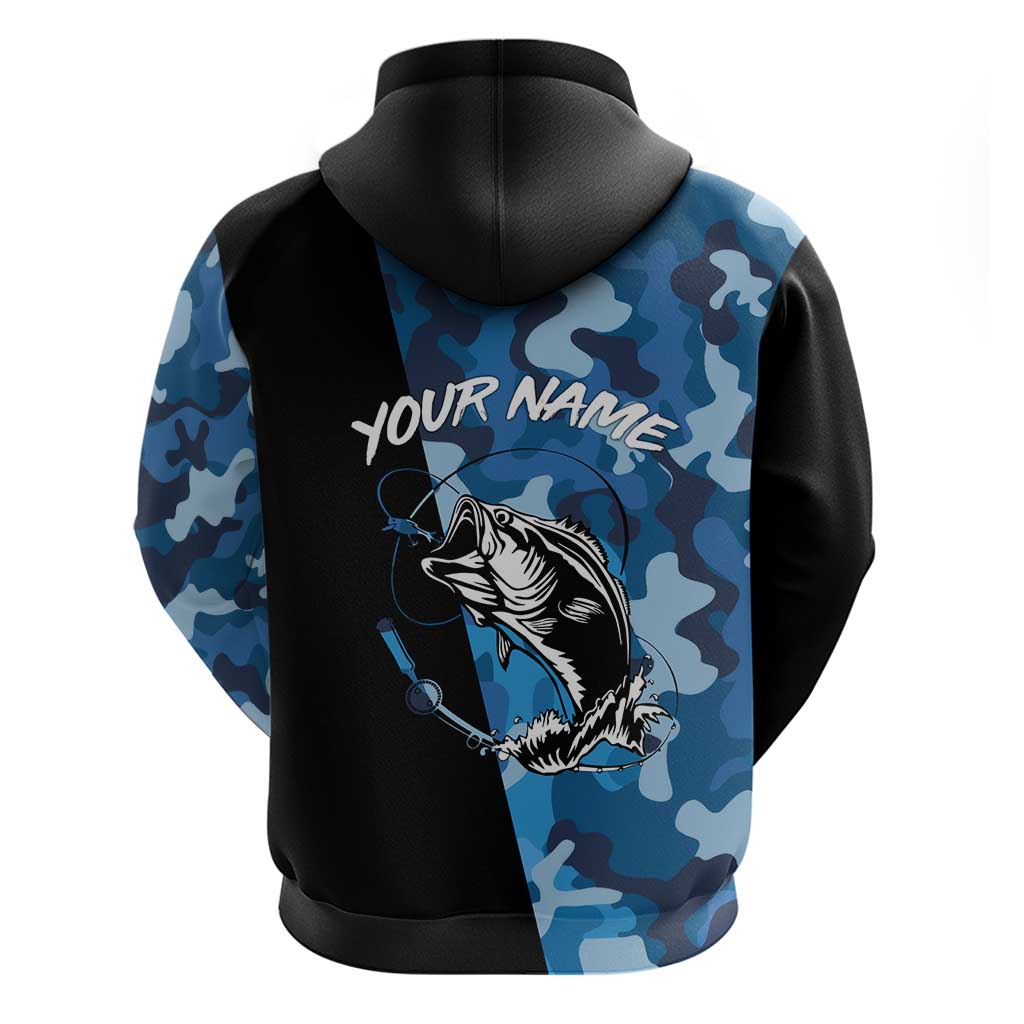 Custom Blue Camo Bass Fishing Hoodie Fishing Rod Graphic Design TS04