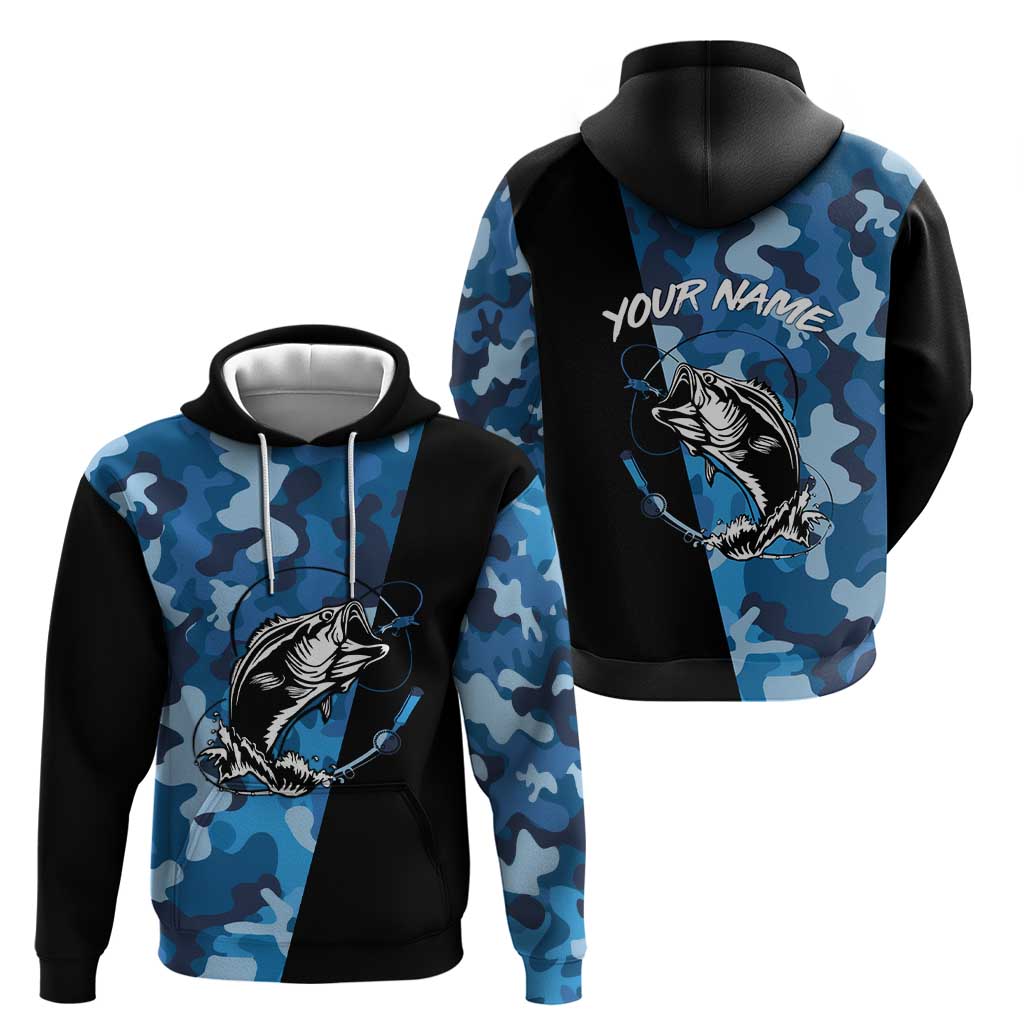 Custom Blue Camo Bass Fishing Hoodie Fishing Rod Graphic Design TS04