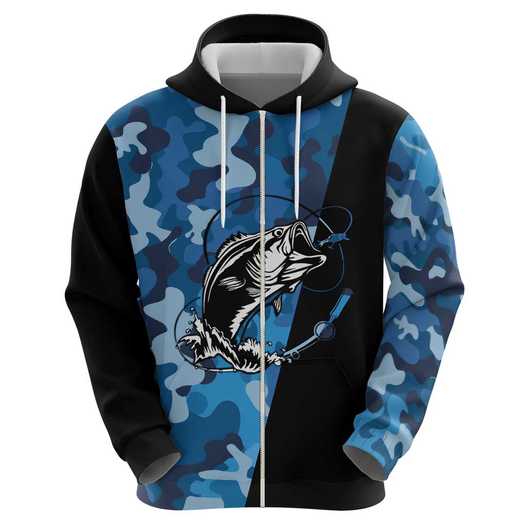 Custom Blue Camo Bass Fishing Hoodie Fishing Rod Graphic Design TS04