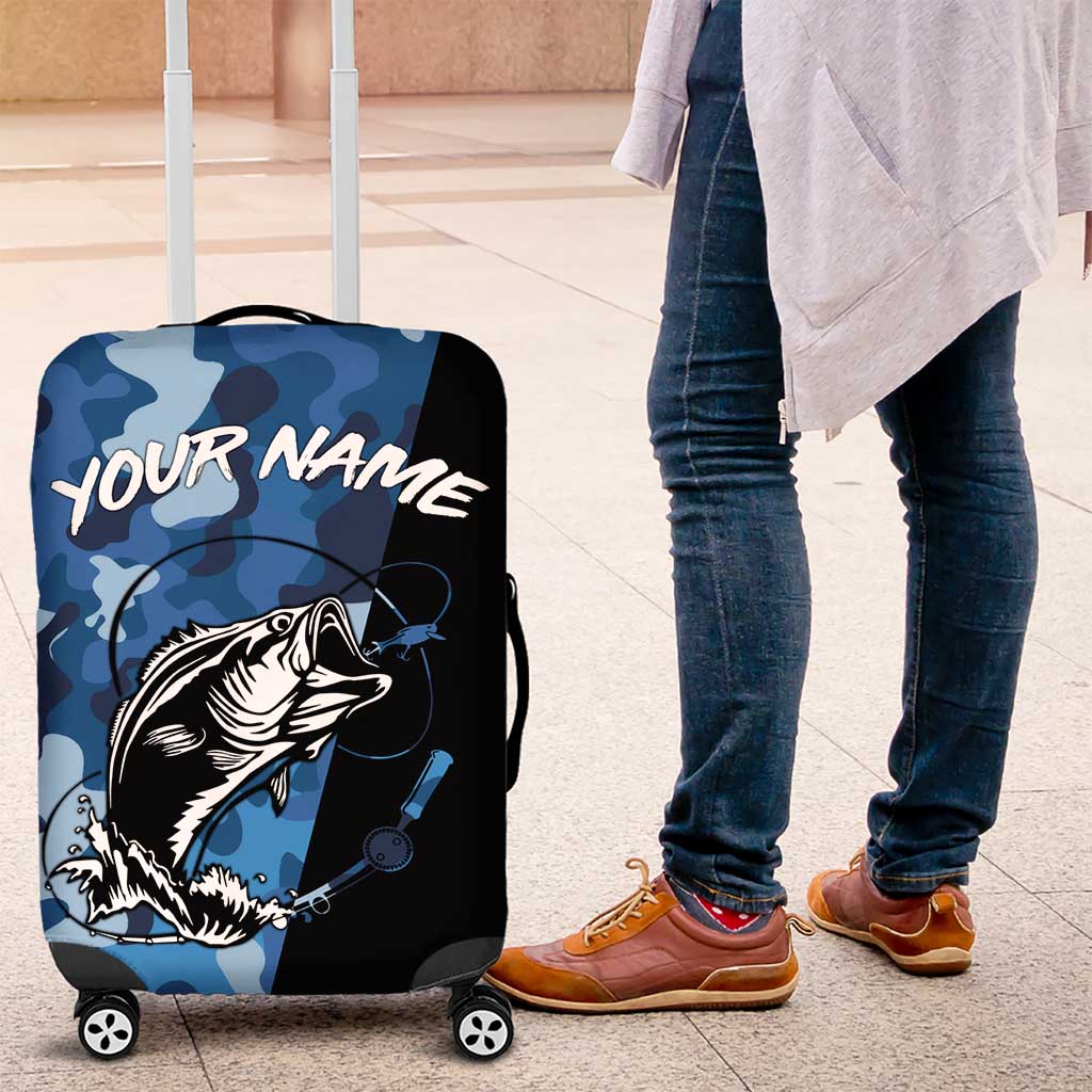 Custom Blue Camo Bass Fishing Luggage Cover Fishing Rod Graphic Design TS04