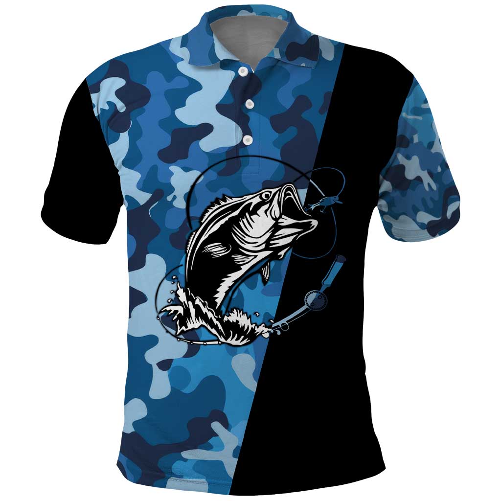 Custom Blue Camo Bass Fishing Polo Shirt Fishing Rod Graphic Design TS04