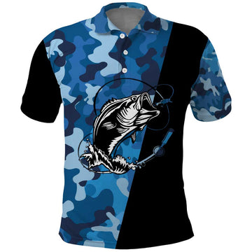 Custom Blue Camo Bass Fishing Polo Shirt Fishing Rod Graphic Design TS04