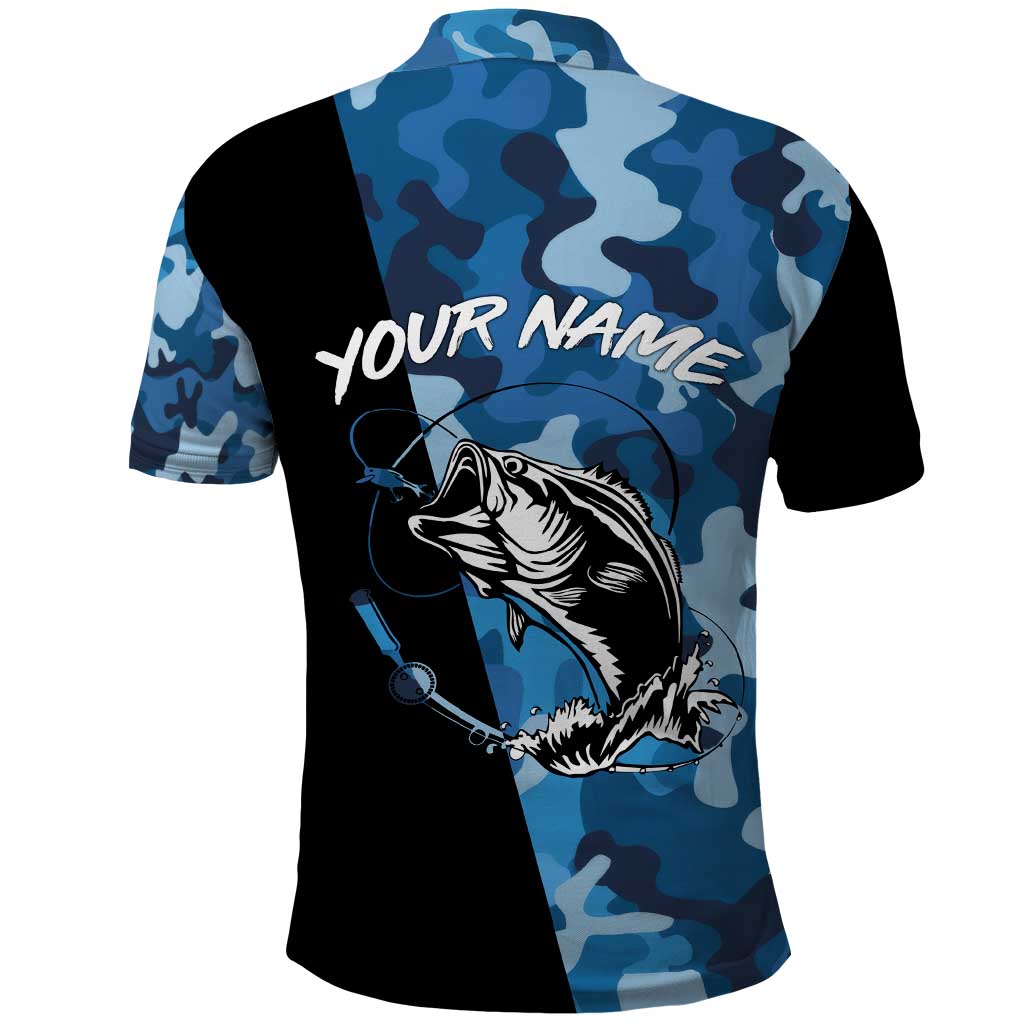 Custom Blue Camo Bass Fishing Polo Shirt Fishing Rod Graphic Design TS04