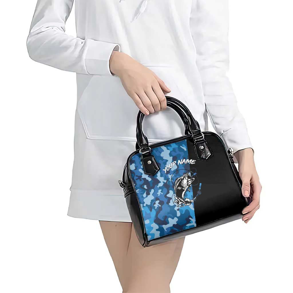 Custom Blue Camo Bass Fishing Shoulder Handbag Fishing Rod Graphic Design TS04