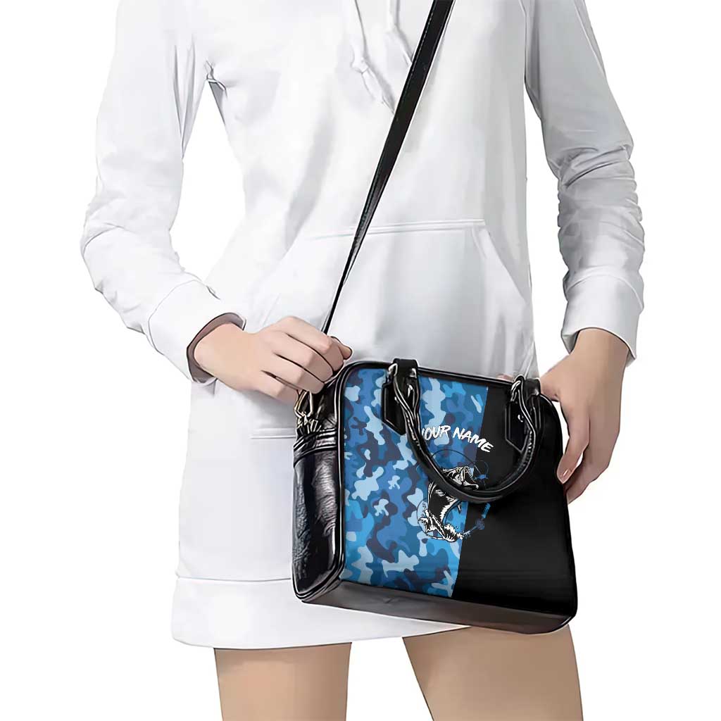 Custom Blue Camo Bass Fishing Shoulder Handbag Fishing Rod Graphic Design TS04