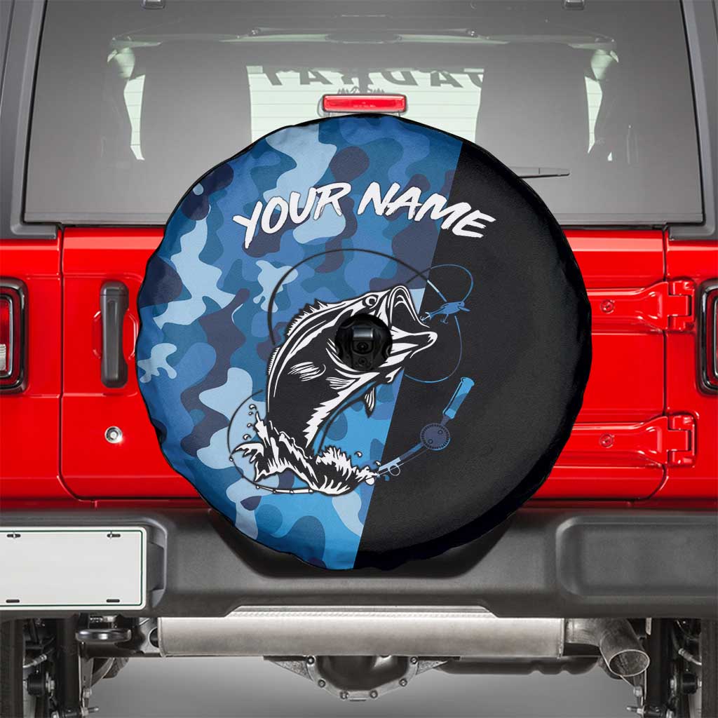 Custom Blue Camo Bass Fishing Spare Tire Cover Fishing Rod Graphic Design TS04