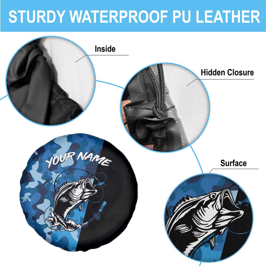 Custom Blue Camo Bass Fishing Spare Tire Cover Fishing Rod Graphic Design TS04