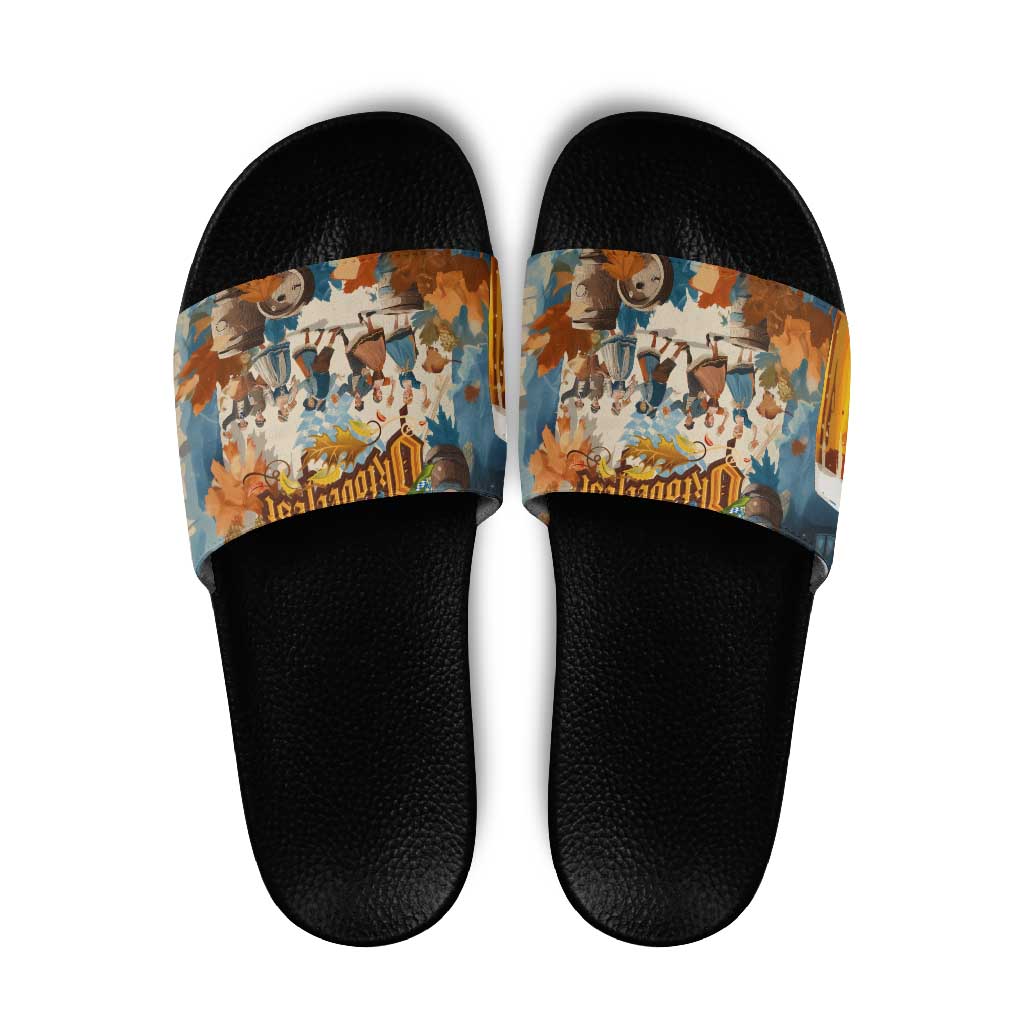 Oktoberfest Slide Sandals with Beer Mug Illustration White Diamond Pattern TS04