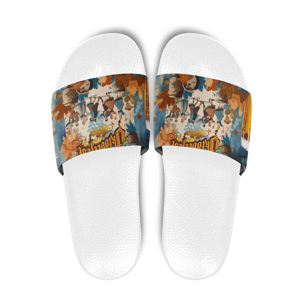 Oktoberfest Slide Sandals with Beer Mug Illustration White Diamond Pattern TS04
