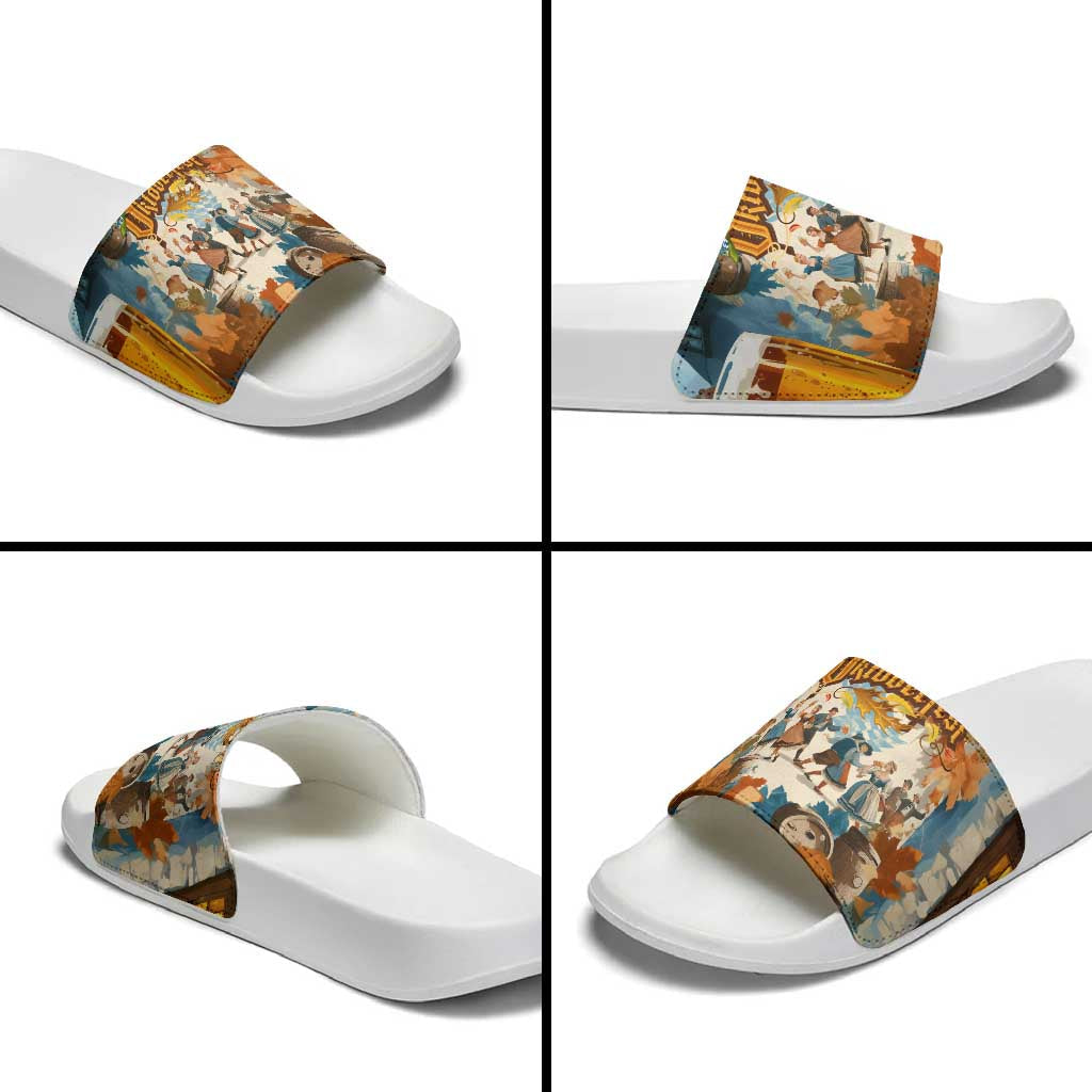 Oktoberfest Slide Sandals with Beer Mug Illustration White Diamond Pattern TS04
