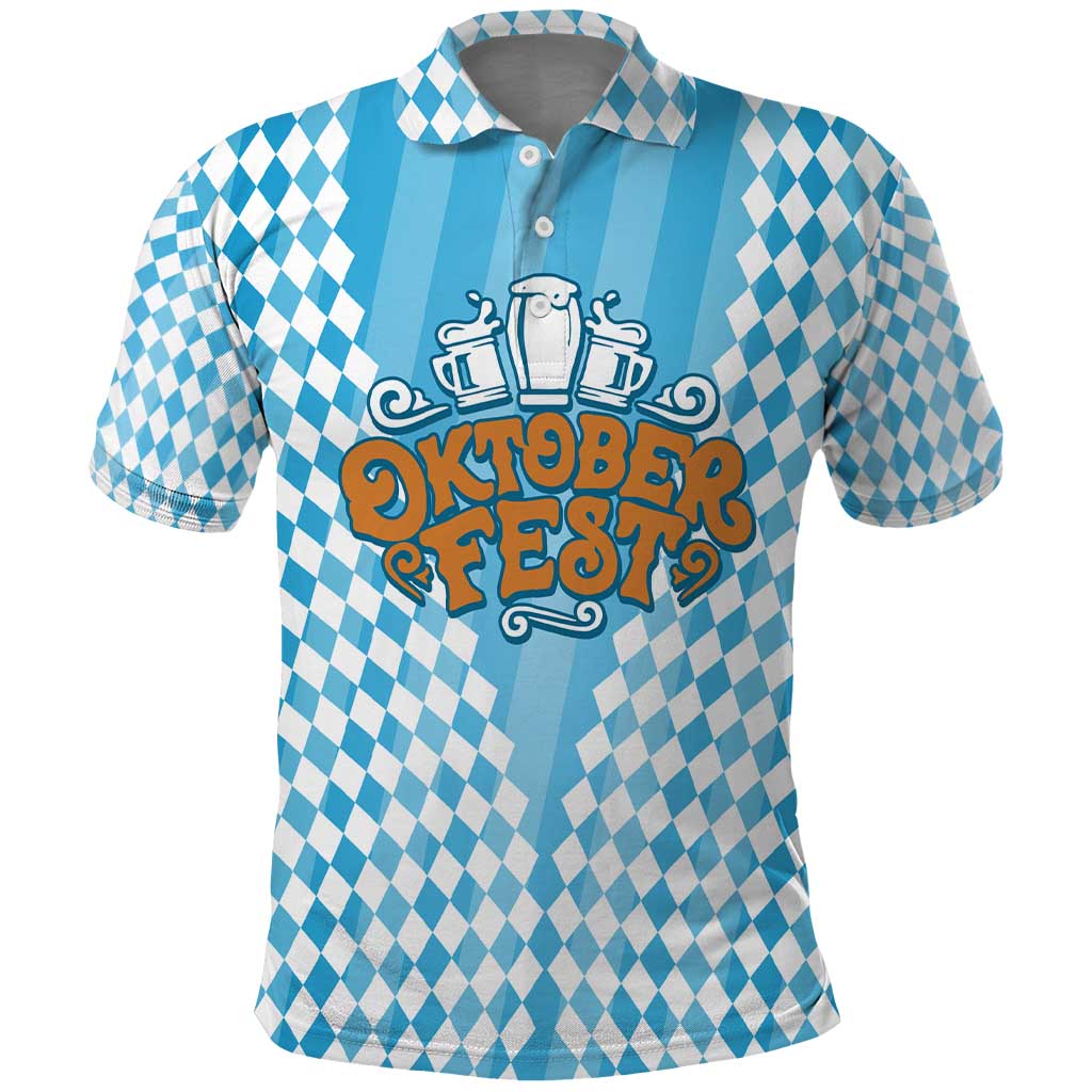 Oktoberfest Polo Shirt with Beer Glass Illustration Blue White Diamond TS04