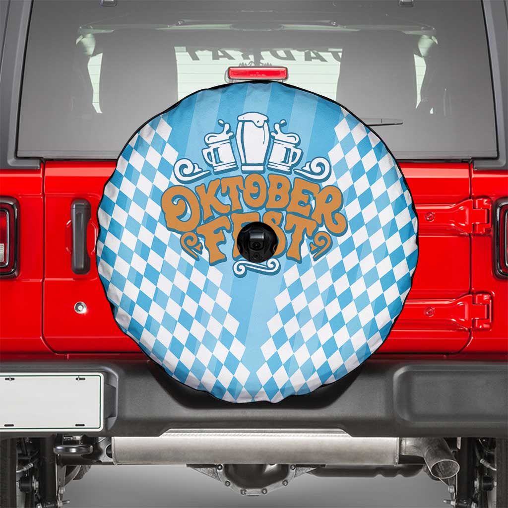 Oktoberfest Spare Tire Cover with Beer Glass Illustration Blue White Diamond TS04