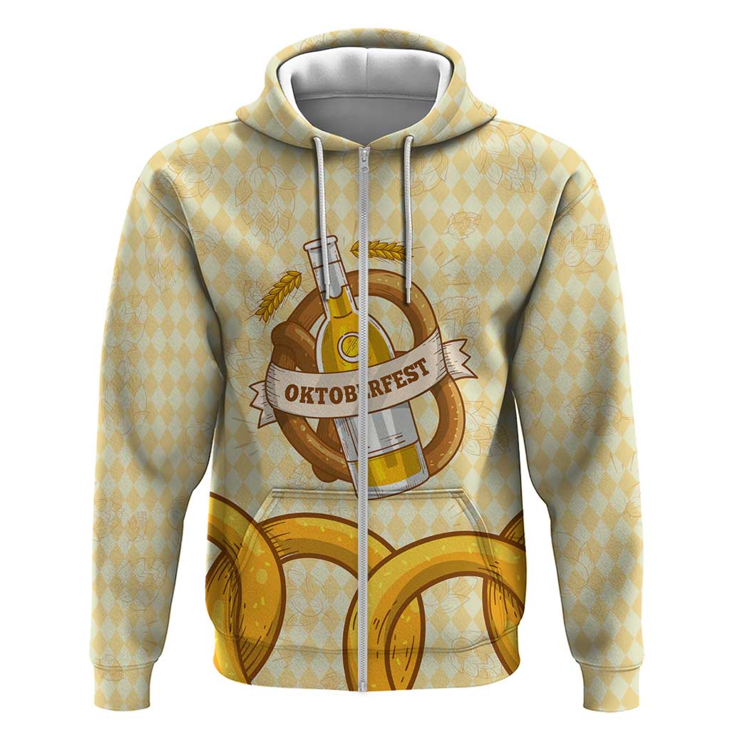 Oktoberfest Hoodie with Beer Bottle and Pretzel Illustration Beige Diamond TS04