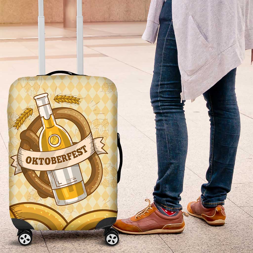 Oktoberfest Luggage Cover with Beer Bottle and Pretzel Illustration Beige Diamond TS04