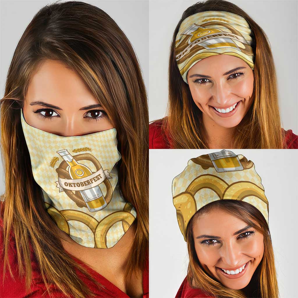 Oktoberfest Neck Gaiter with Beer Bottle and Pretzel Illustration Beige Diamond TS04