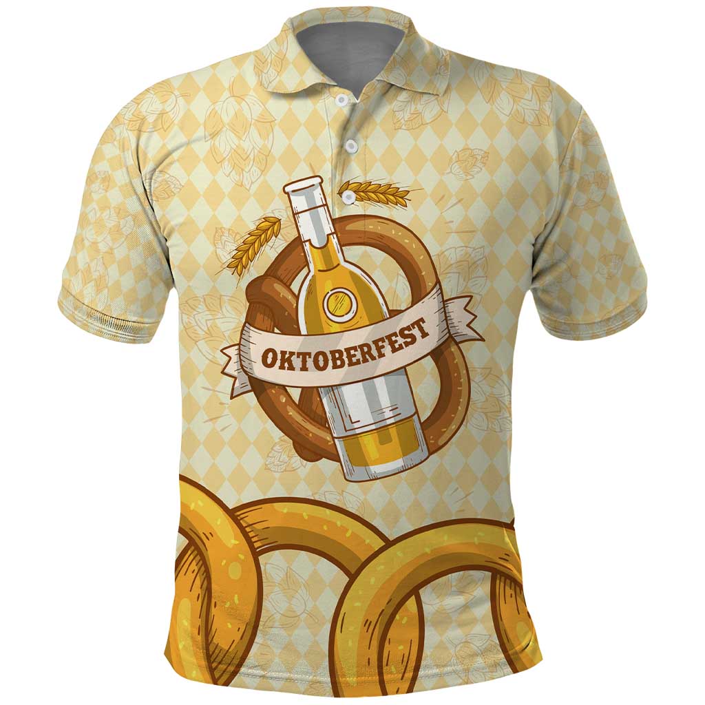 Oktoberfest Polo Shirt with Beer Bottle and Pretzel Illustration Beige Diamond TS04
