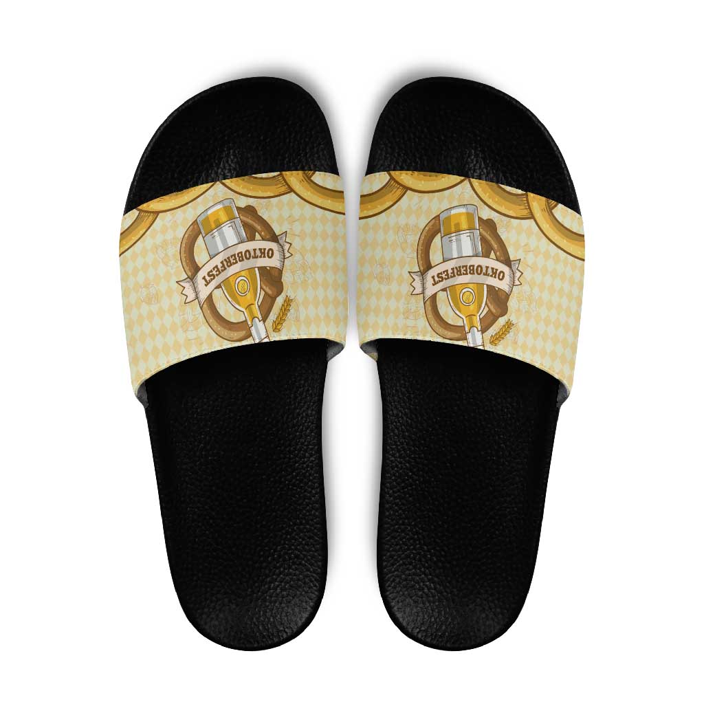 Oktoberfest Slide Sandals with Beer Bottle and Pretzel Illustration Beige Diamond TS04