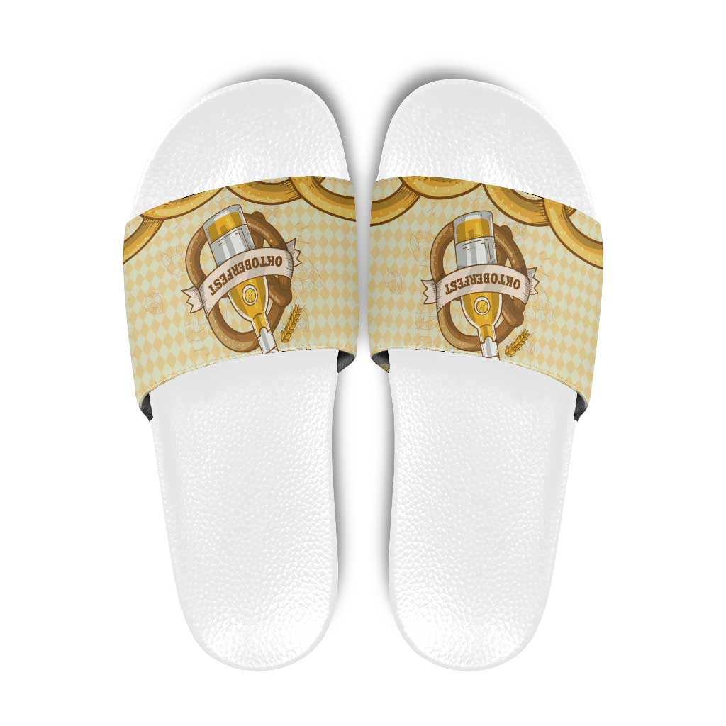 Oktoberfest Slide Sandals with Beer Bottle and Pretzel Illustration Beige Diamond TS04