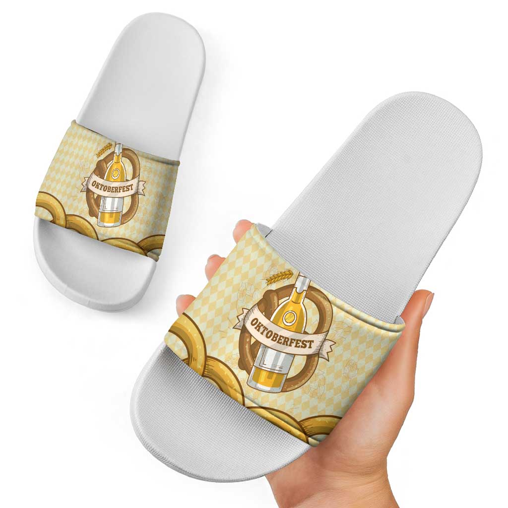 Oktoberfest Slide Sandals with Beer Bottle and Pretzel Illustration Beige Diamond TS04
