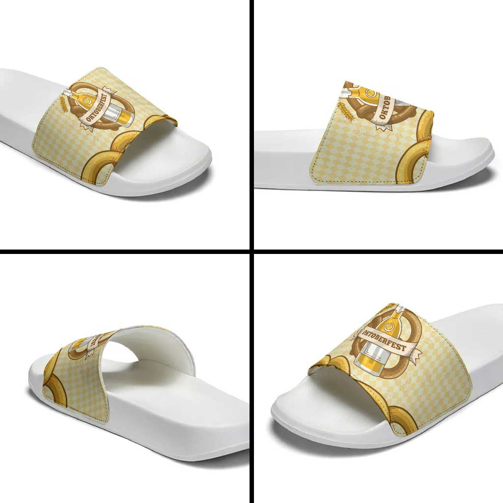 Oktoberfest Slide Sandals with Beer Bottle and Pretzel Illustration Beige Diamond TS04
