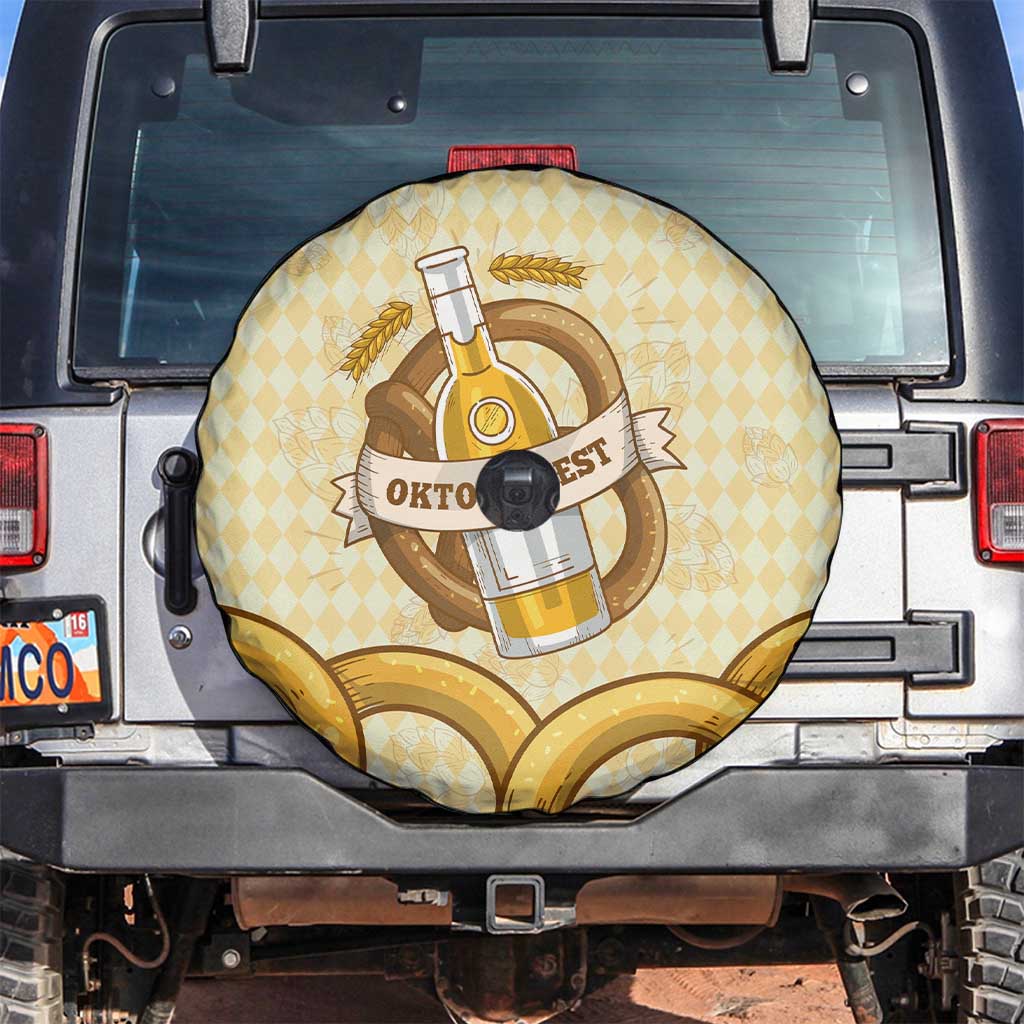 Oktoberfest Spare Tire Cover with Beer Bottle and Pretzel Illustration Beige Diamond TS04