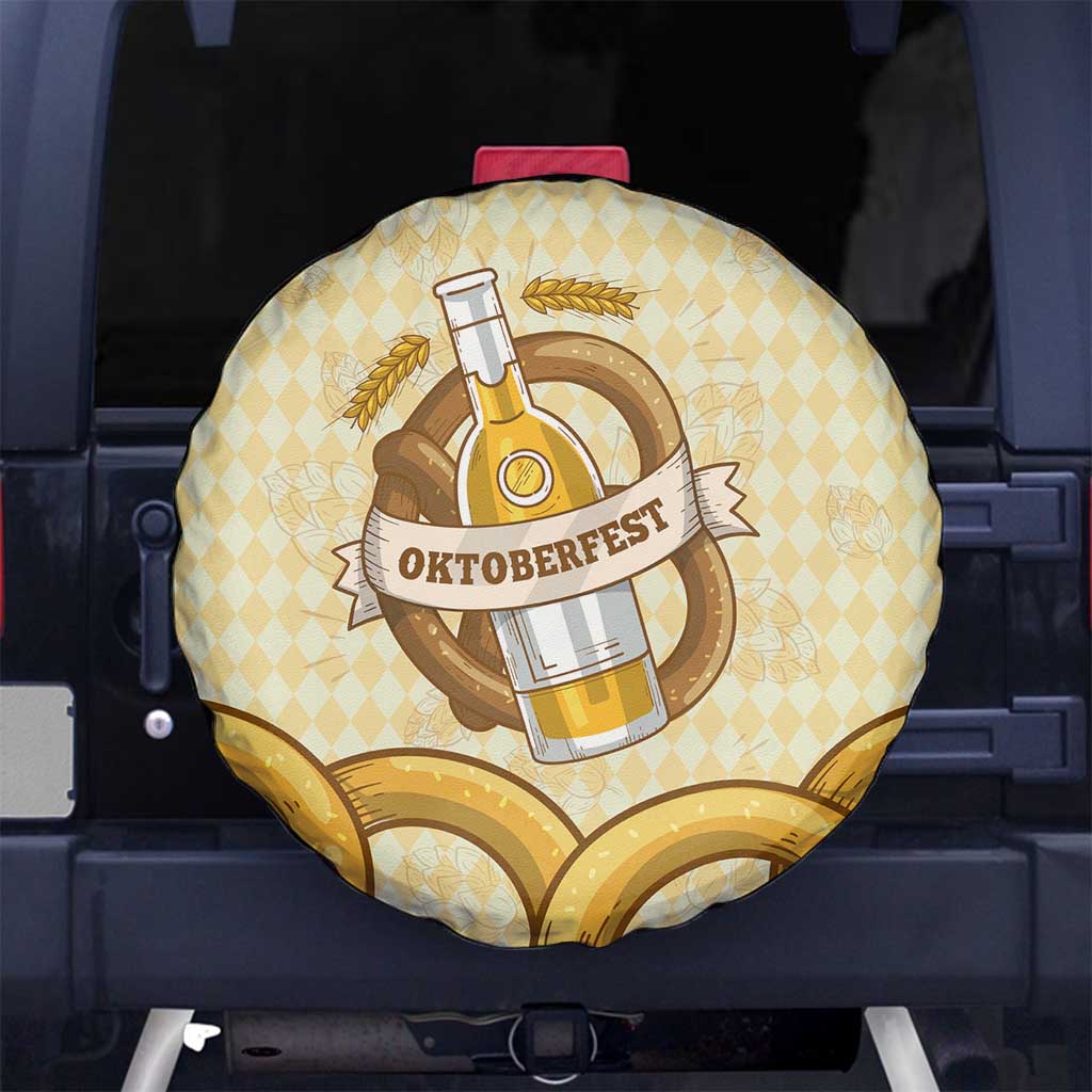 Oktoberfest Spare Tire Cover with Beer Bottle and Pretzel Illustration Beige Diamond TS04