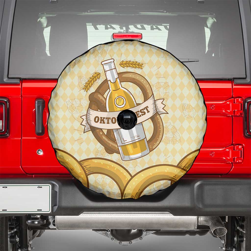 Oktoberfest Spare Tire Cover with Beer Bottle and Pretzel Illustration Beige Diamond TS04