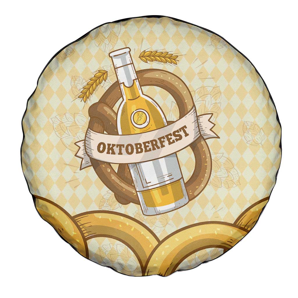 Oktoberfest Spare Tire Cover with Beer Bottle and Pretzel Illustration Beige Diamond TS04