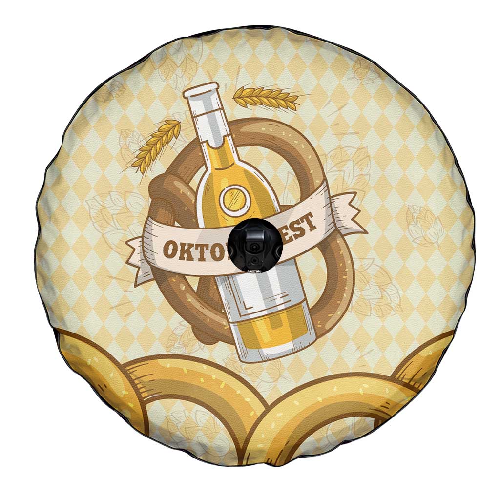 Oktoberfest Spare Tire Cover with Beer Bottle and Pretzel Illustration Beige Diamond TS04