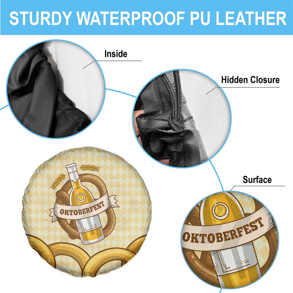 Oktoberfest Spare Tire Cover with Beer Bottle and Pretzel Illustration Beige Diamond TS04